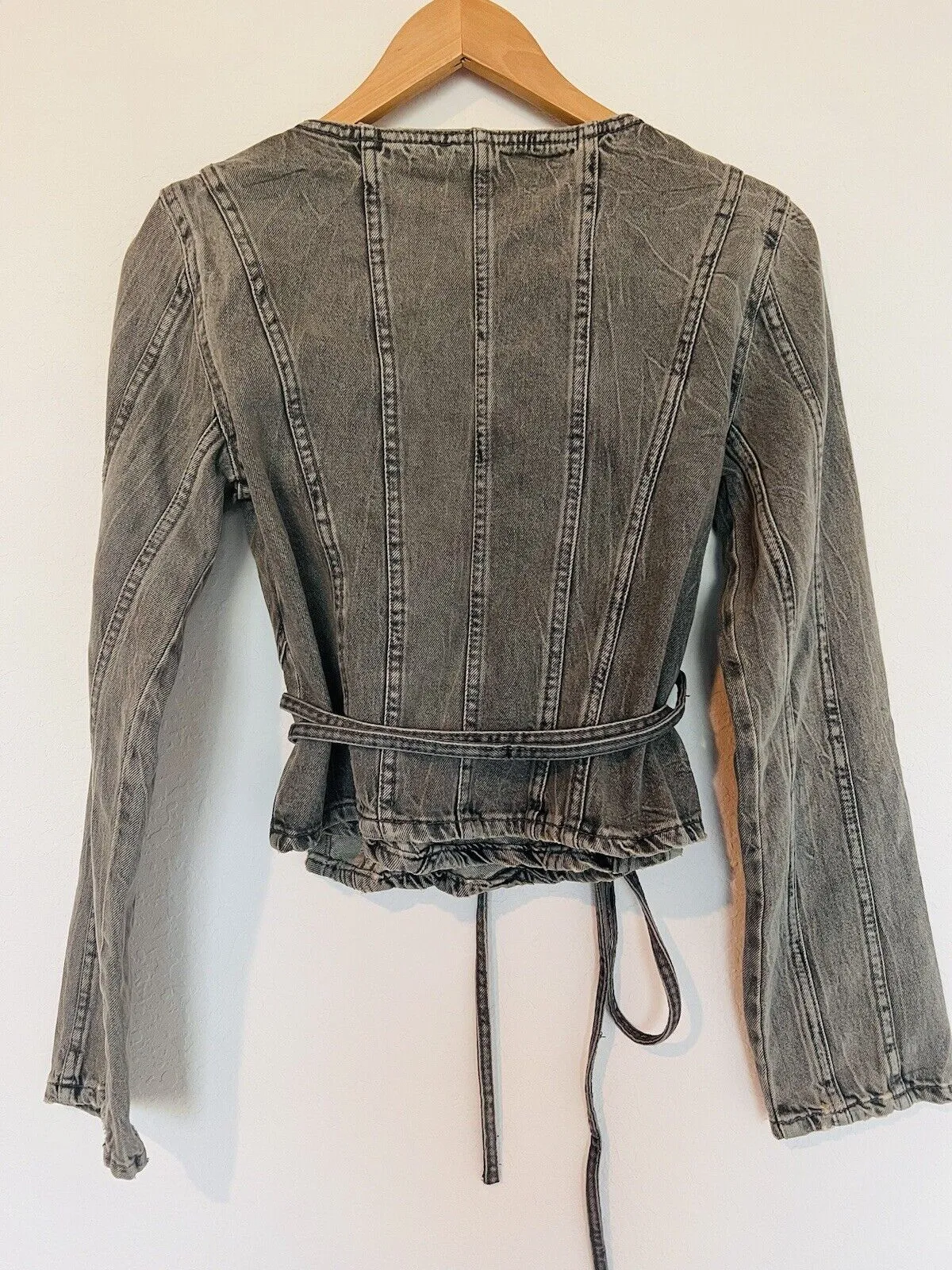 ZARA Womens Tie Wrap Front Gray Denim Top Sz XS Gray Shirt Long Sleeve Y2K