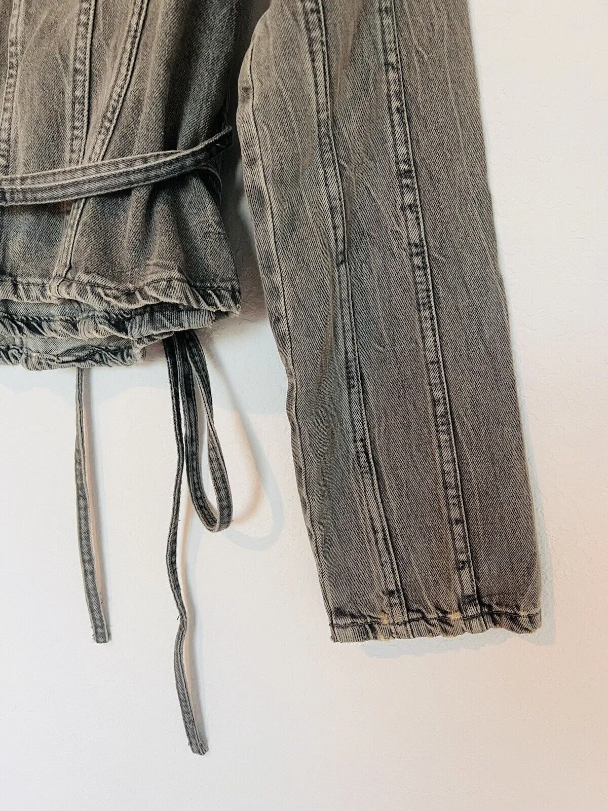 ZARA Womens Tie Wrap Front Gray Denim Top Sz XS Gray Shirt Long Sleeve Y2K