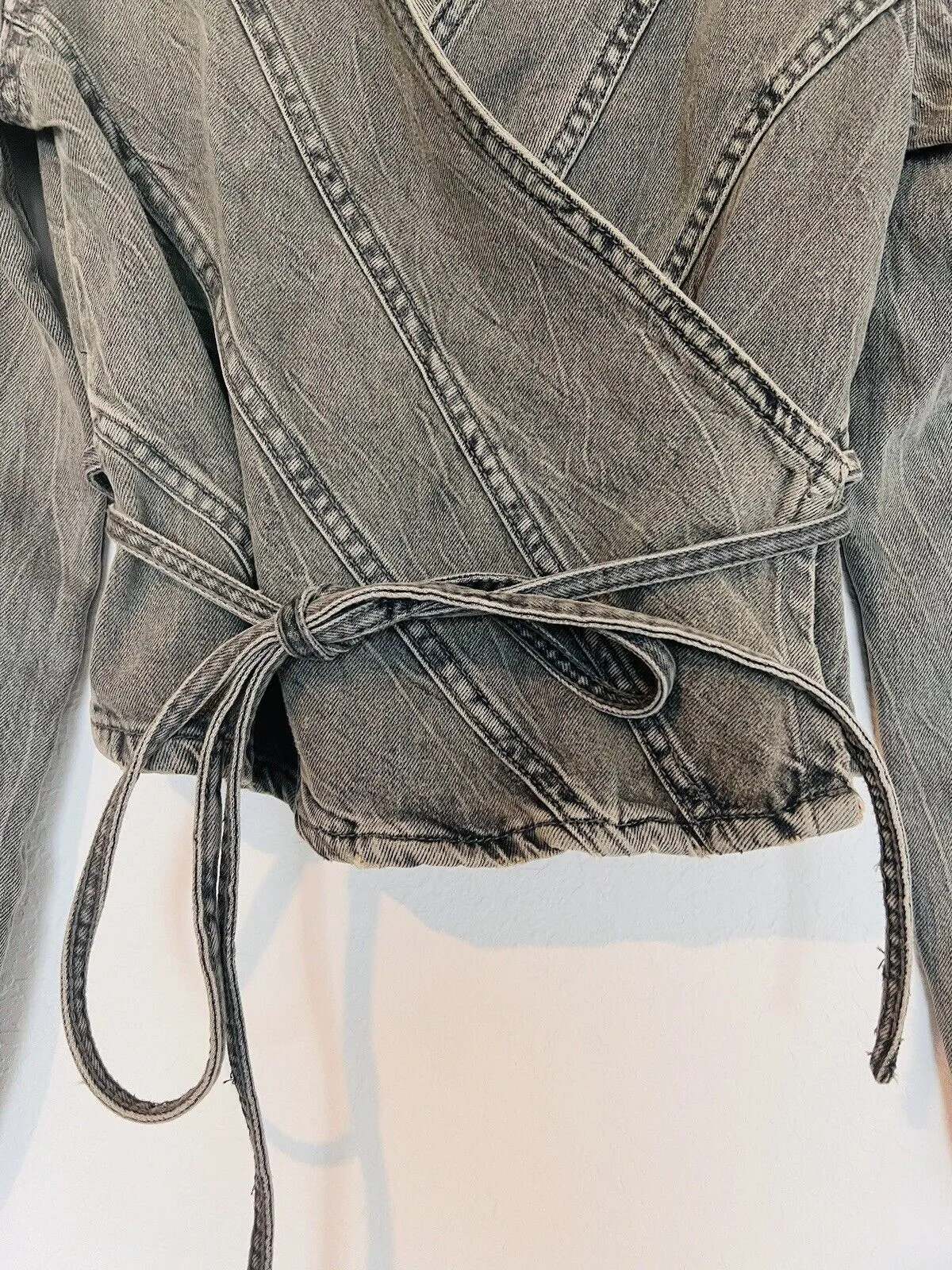 ZARA Womens Tie Wrap Front Gray Denim Top Sz XS Gray Shirt Long Sleeve Y2K