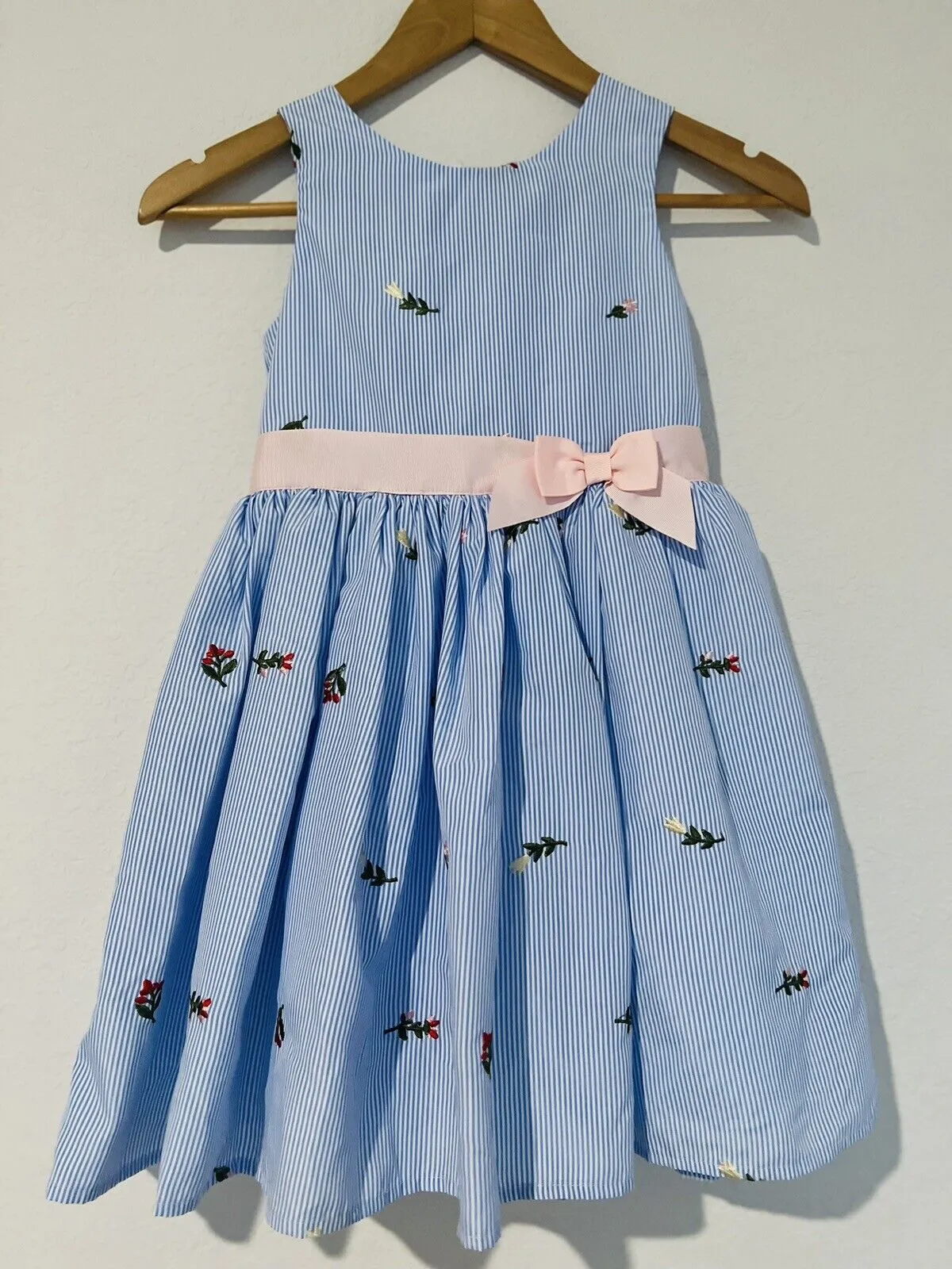 ZUNIE Flower Stripped Dressy Dress Sz 7 Blue White Sundress Girls Holiday Easter