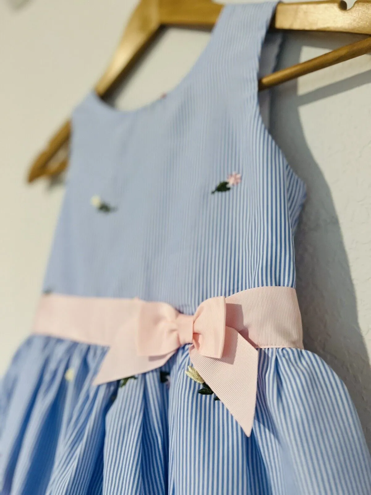 ZUNIE Flower Stripped Dressy Dress Sz 7 Blue White Sundress Girls Holiday Easter